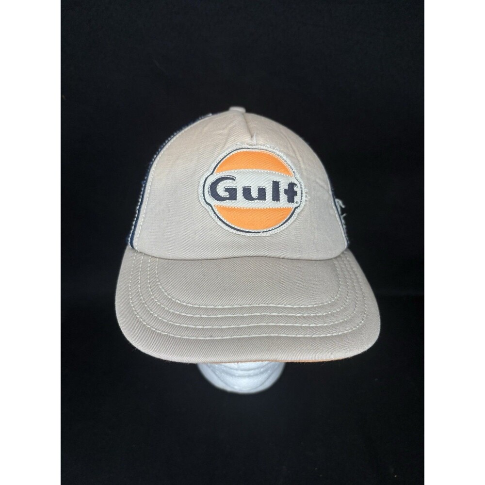 Gulf Oil Trucker Hat 1963 Patch  SnapBack Beige Tan Blue Mesh VTG Hat Cap